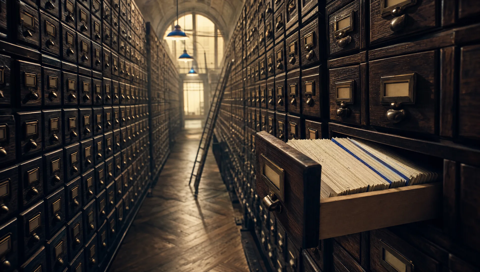 A vast archive hall of card catalog drawers